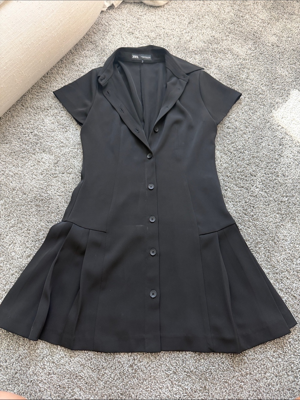 Zara Black Short-Sleeve Button-Front Fit-and-Flare Dress